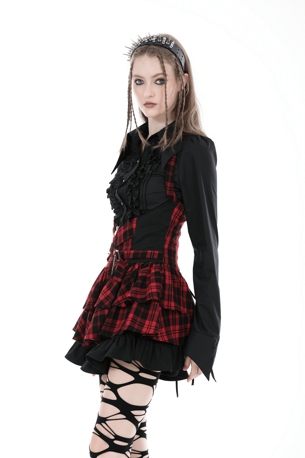 US SALE of Dark Gothic Buttons Ruffle Blouse With Long Sleeves