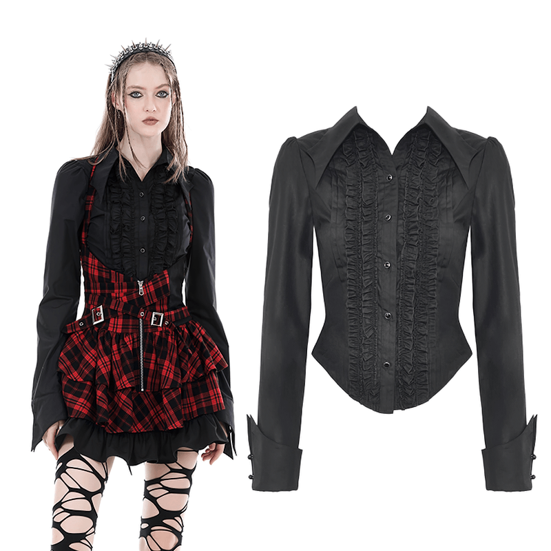 US SALE of Dark Gothic Buttons Ruffle Blouse With Long Sleeves
