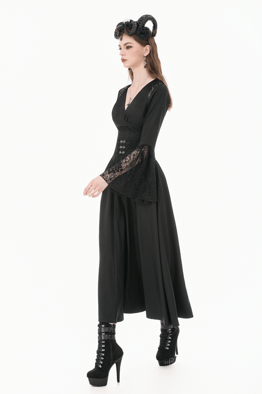 Dark Gothic High Waist Maxi Skirt with Lace Accent