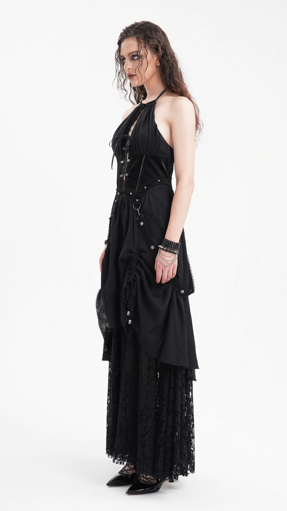 Dark Gothic Layered Dress with Lace and Corset Details