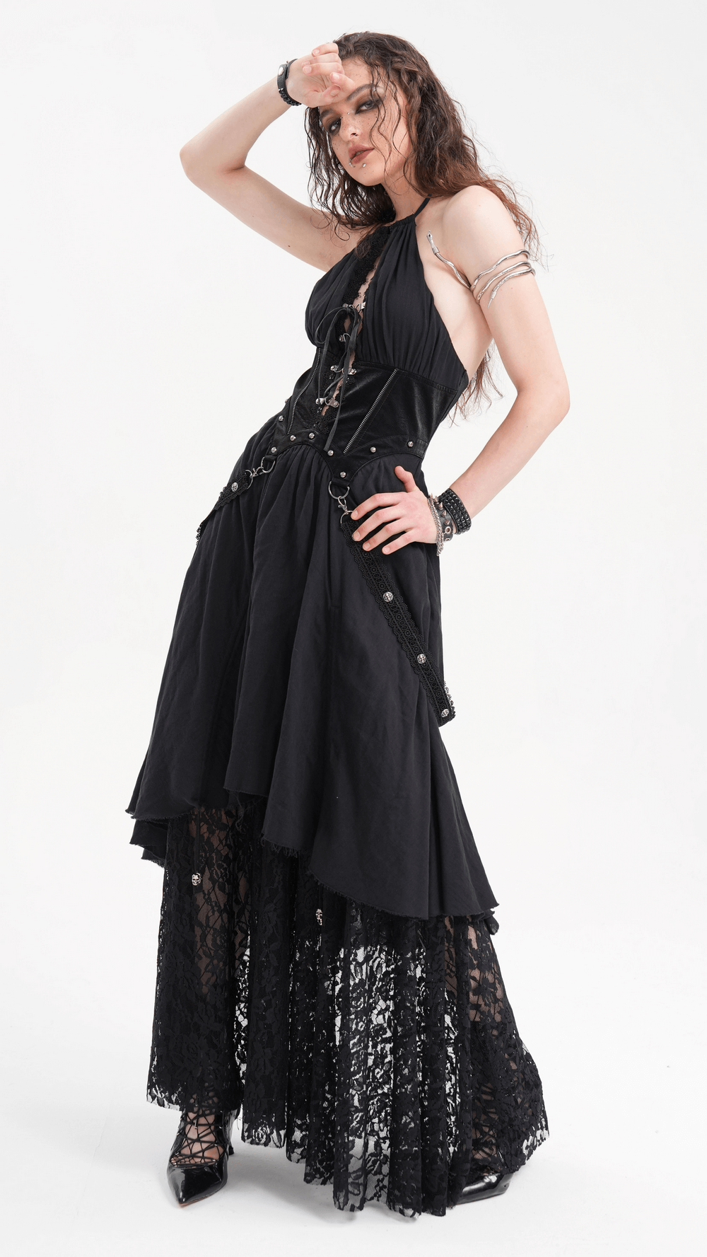 Dark Gothic Layered Dress with Lace and Corset Details
