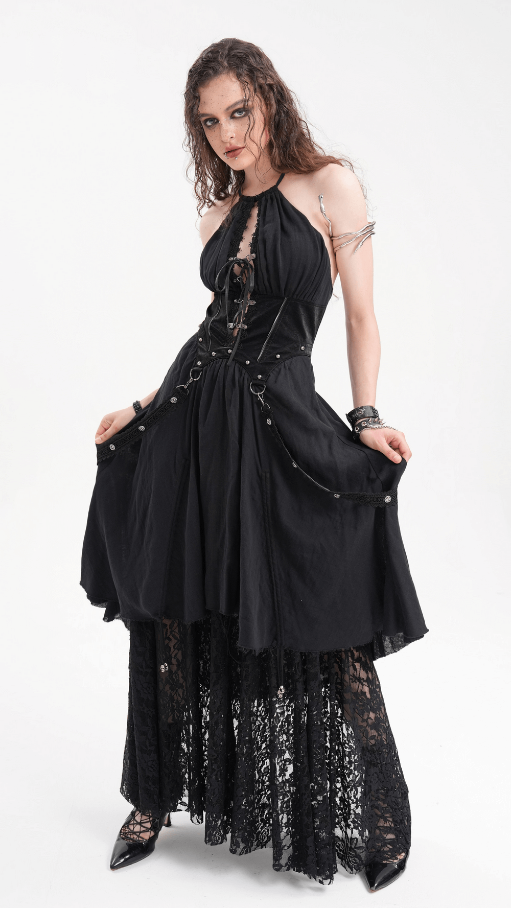 Dark Gothic Layered Dress with Lace and Corset Details
