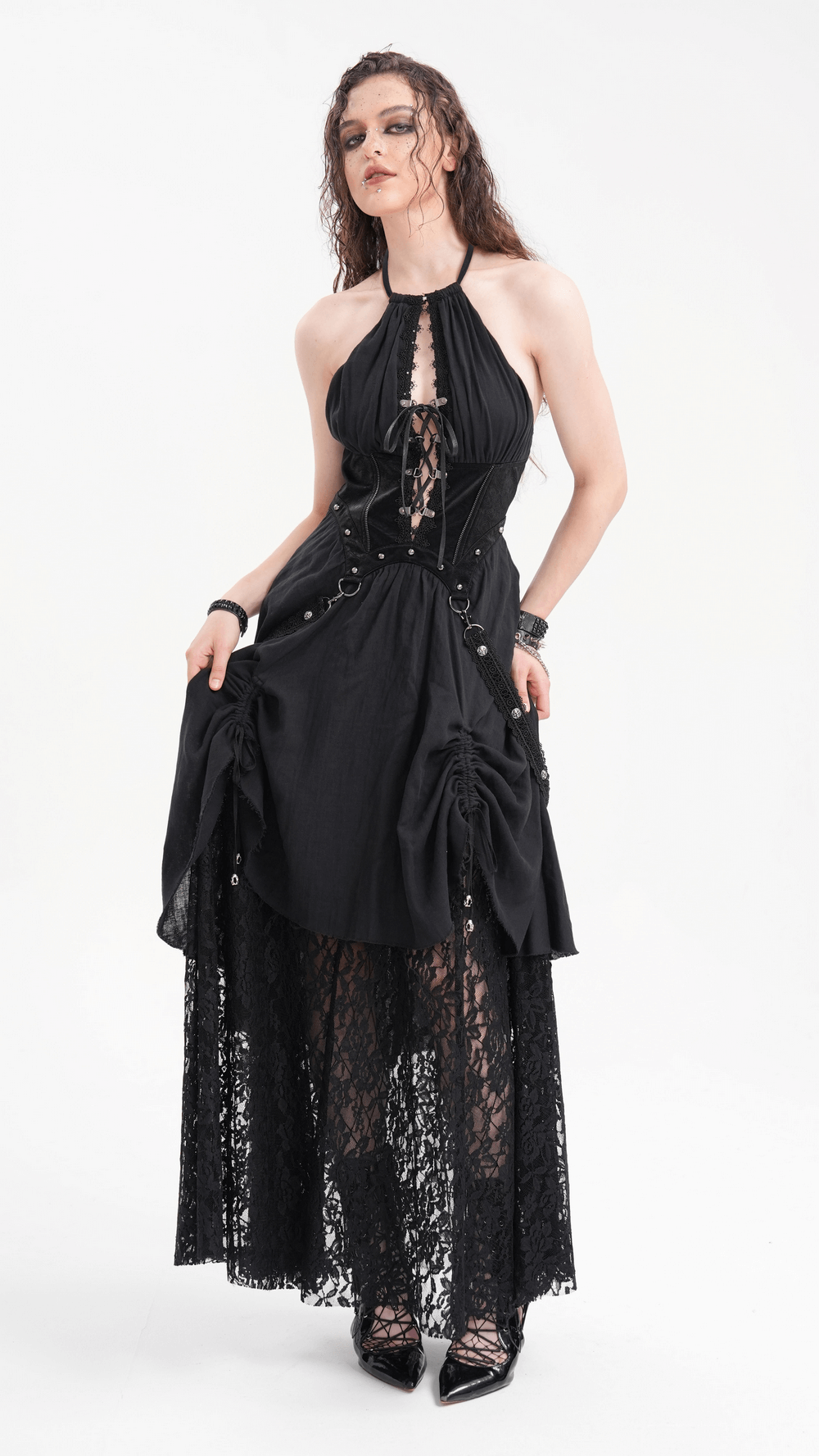 Dark Gothic Layered Dress with Lace and Corset Details