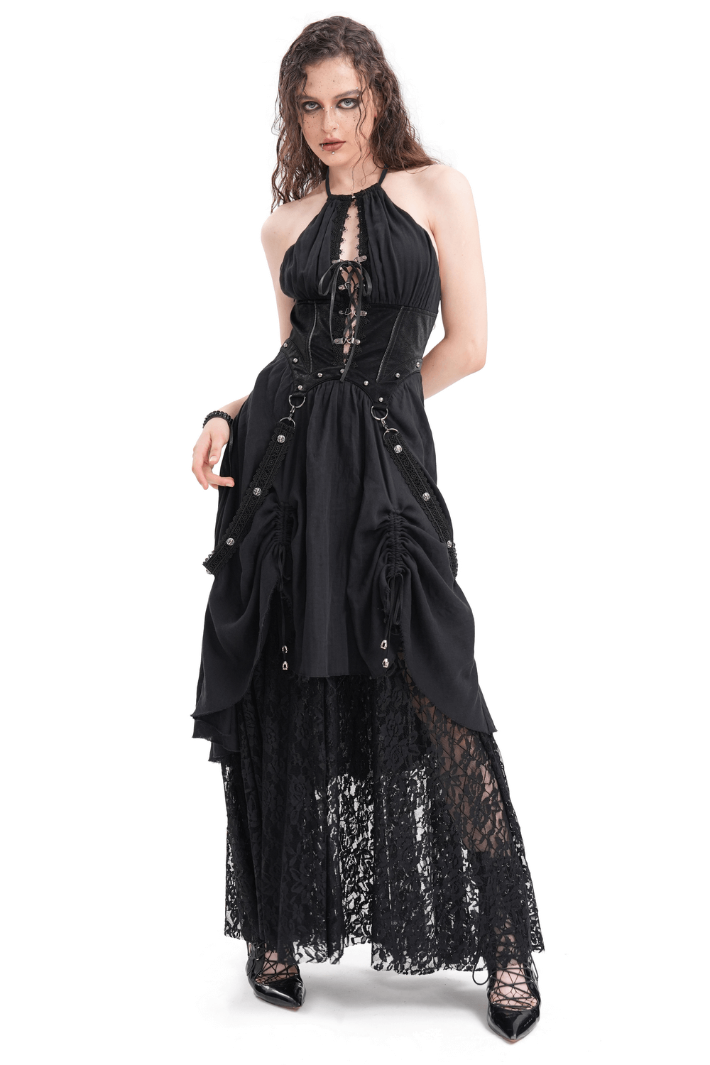 Dark Gothic Layered Dress with Lace and Corset Details