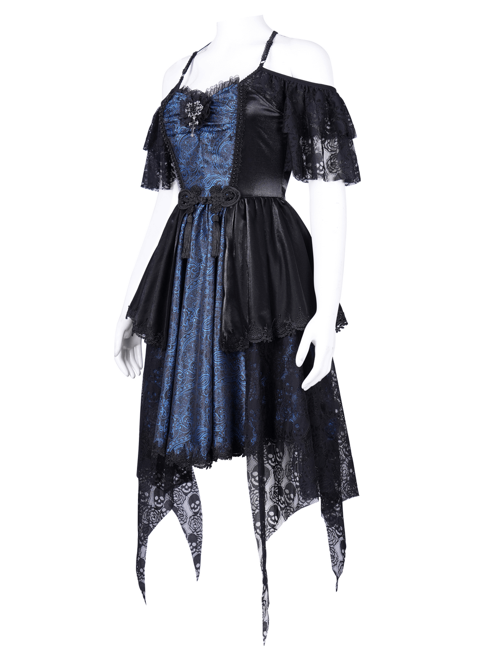 Gothic Lace and Satin Off-Shoulder Dress with Cross Detail
