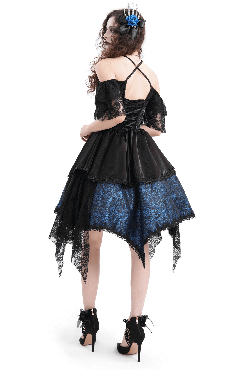 Gothic Lace and Satin Off-Shoulder Dress with Cross Detail