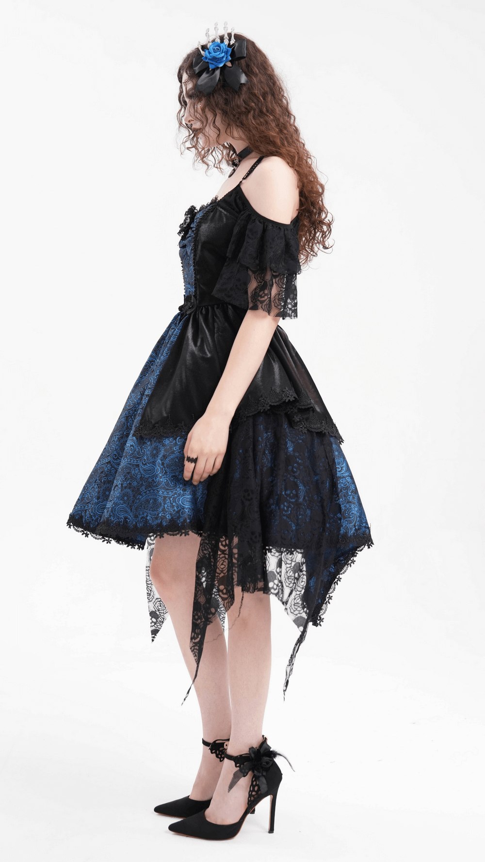 Gothic Lace and Satin Off-Shoulder Dress with Cross Detail