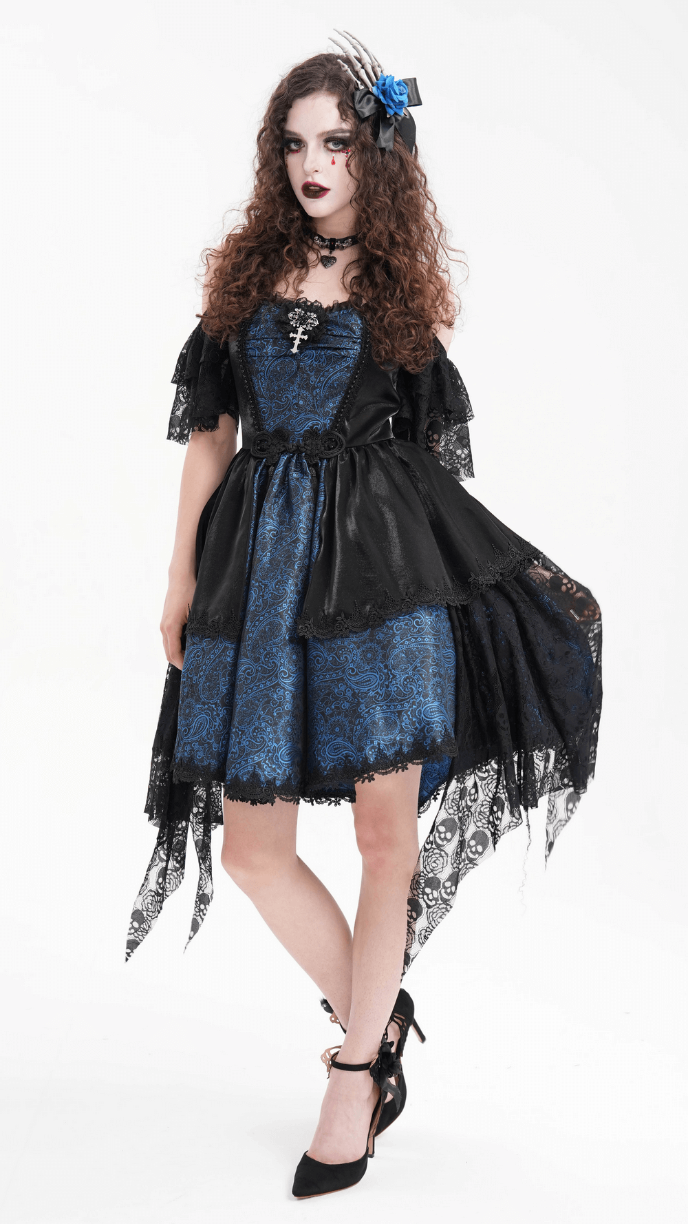 Gothic Lace and Satin Off-Shoulder Dress with Cross Detail