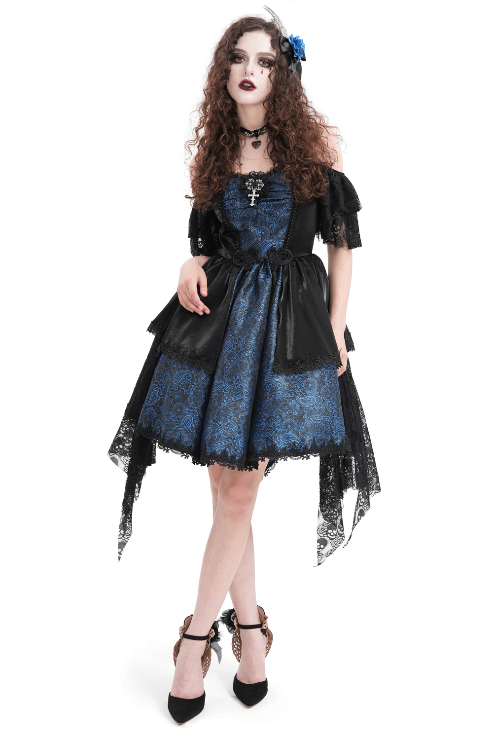 Gothic Lace and Satin Off-Shoulder Dress with Cross Detail