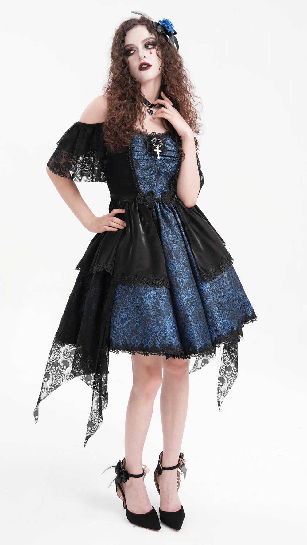 Gothic Lace and Satin Off-Shoulder Dress with Cross Detail