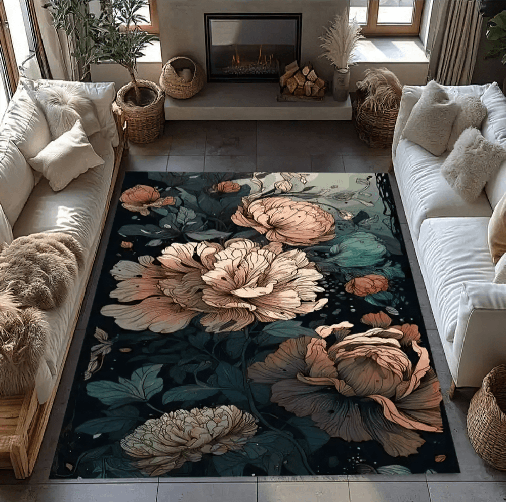 Dark Peony Floral Area Rug for Gothic Living Room