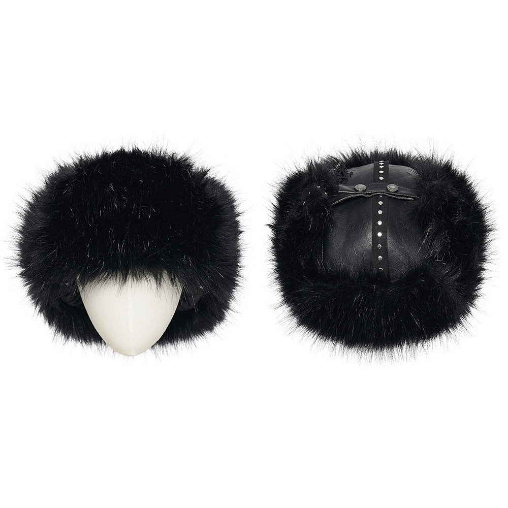 Dark Plush Punk Hat with Ear Protection and Metal Accents