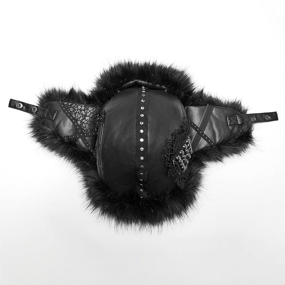 Dark Plush Punk Hat with Ear Protection and Metal Accents