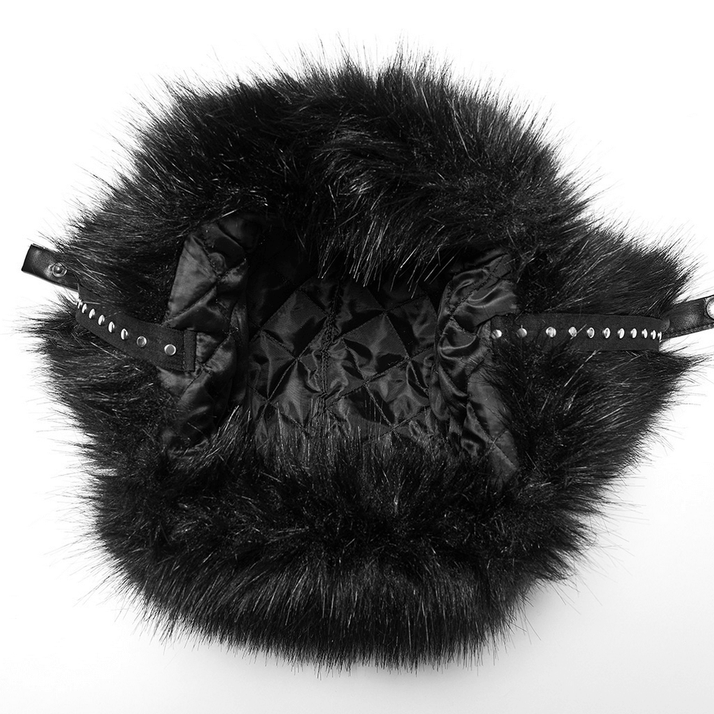 Dark Plush Punk Hat with Ear Protection and Metal Accents