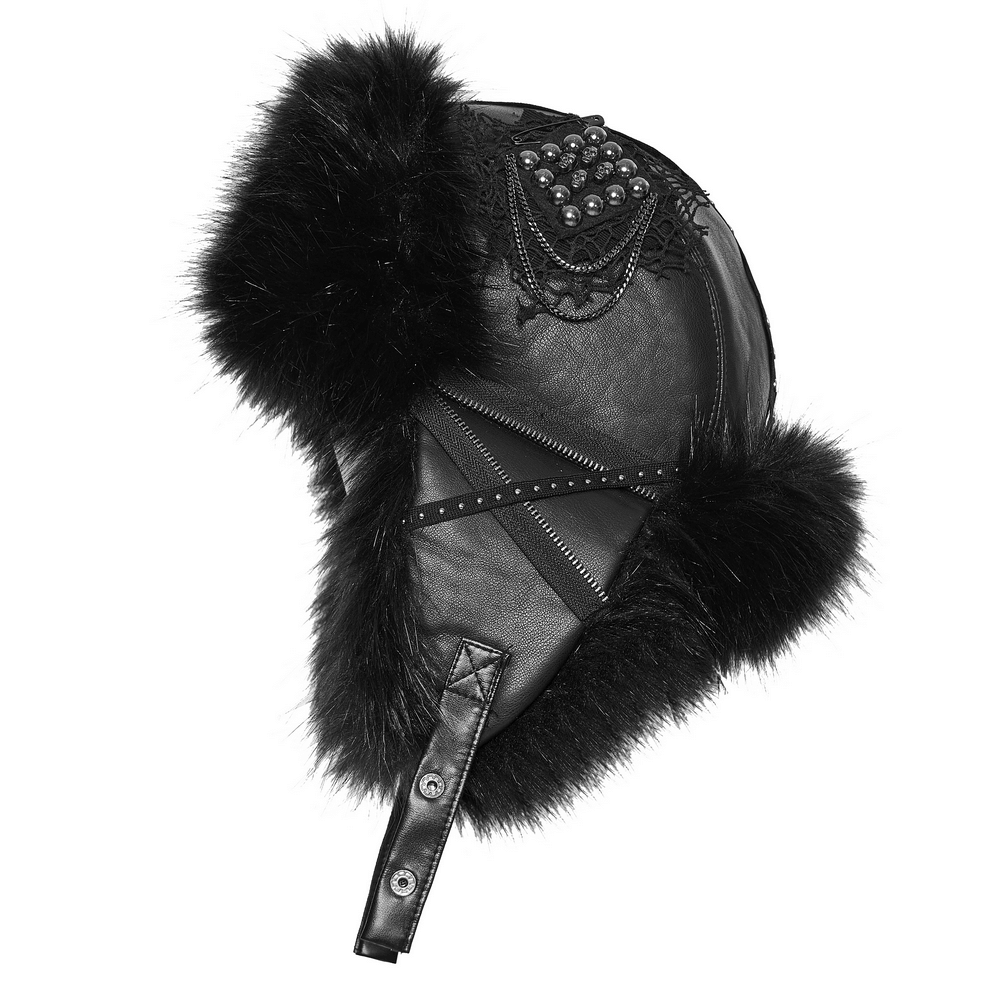 Dark Plush Punk Hat with Ear Protection and Metal Accents