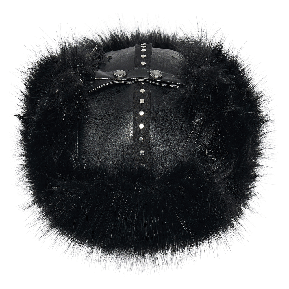 Dark Plush Punk Hat with Ear Protection and Metal Accents