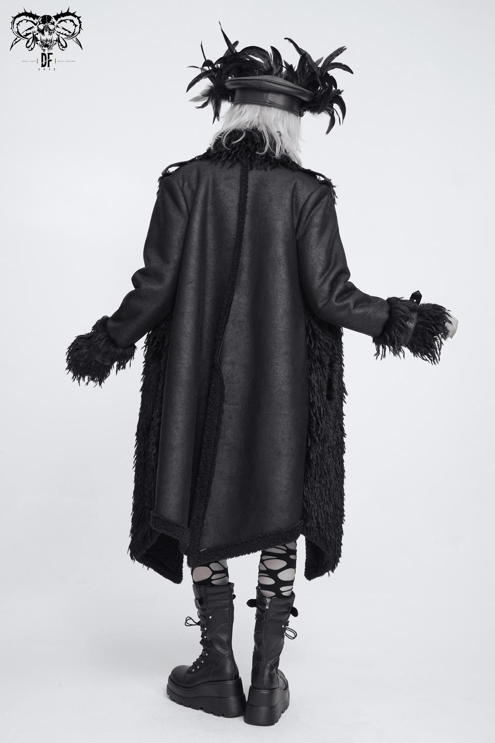 Dark Punk Overcoat with Spiked Shoulders and Pointed Hem