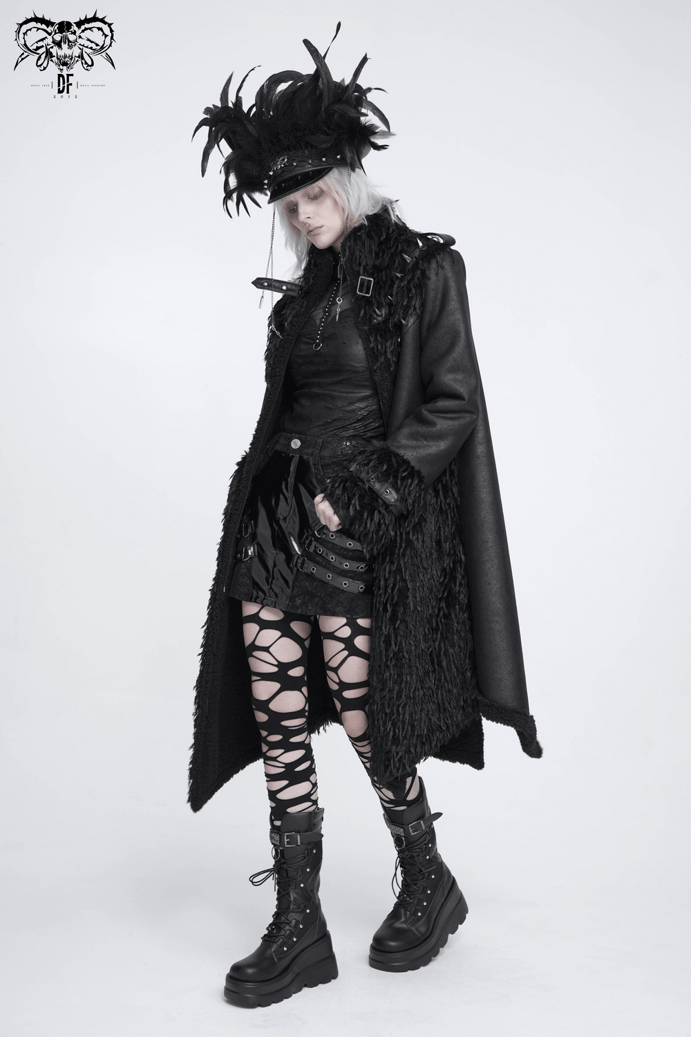 Dark Punk Overcoat with Spiked Shoulders and Pointed Hem