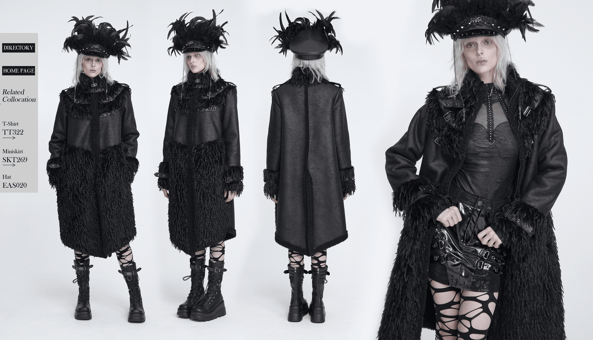 Dark Punk Overcoat with Spiked Shoulders and Pointed Hem