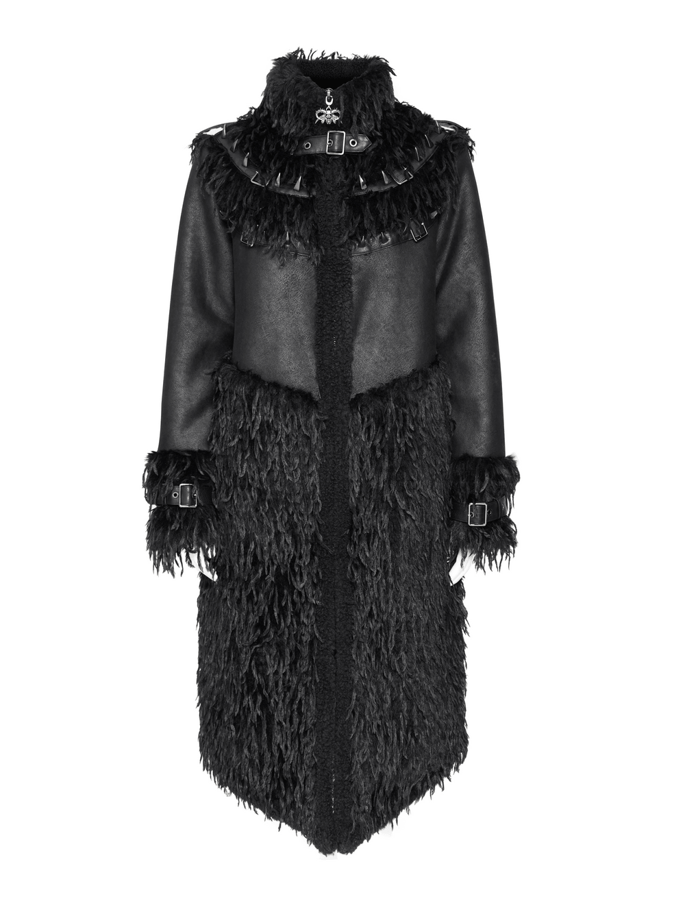 Dark Punk Overcoat with Spiked Shoulders and Pointed Hem