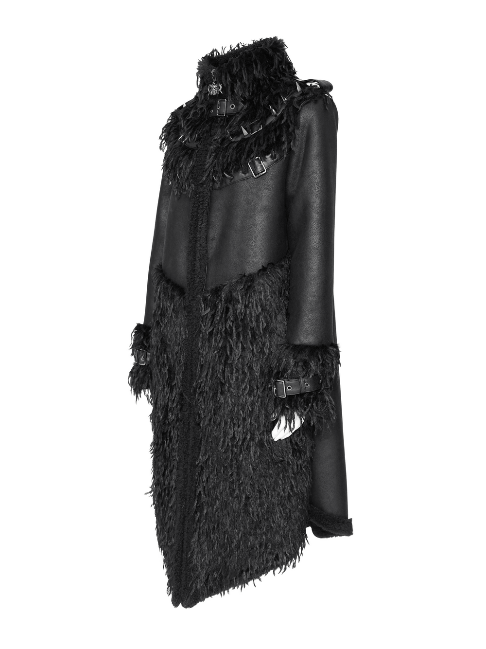 Dark Punk Overcoat with Spiked Shoulders and Pointed Hem