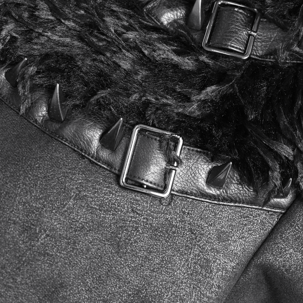 Dark Punk Overcoat with Spiked Shoulders and Pointed Hem
