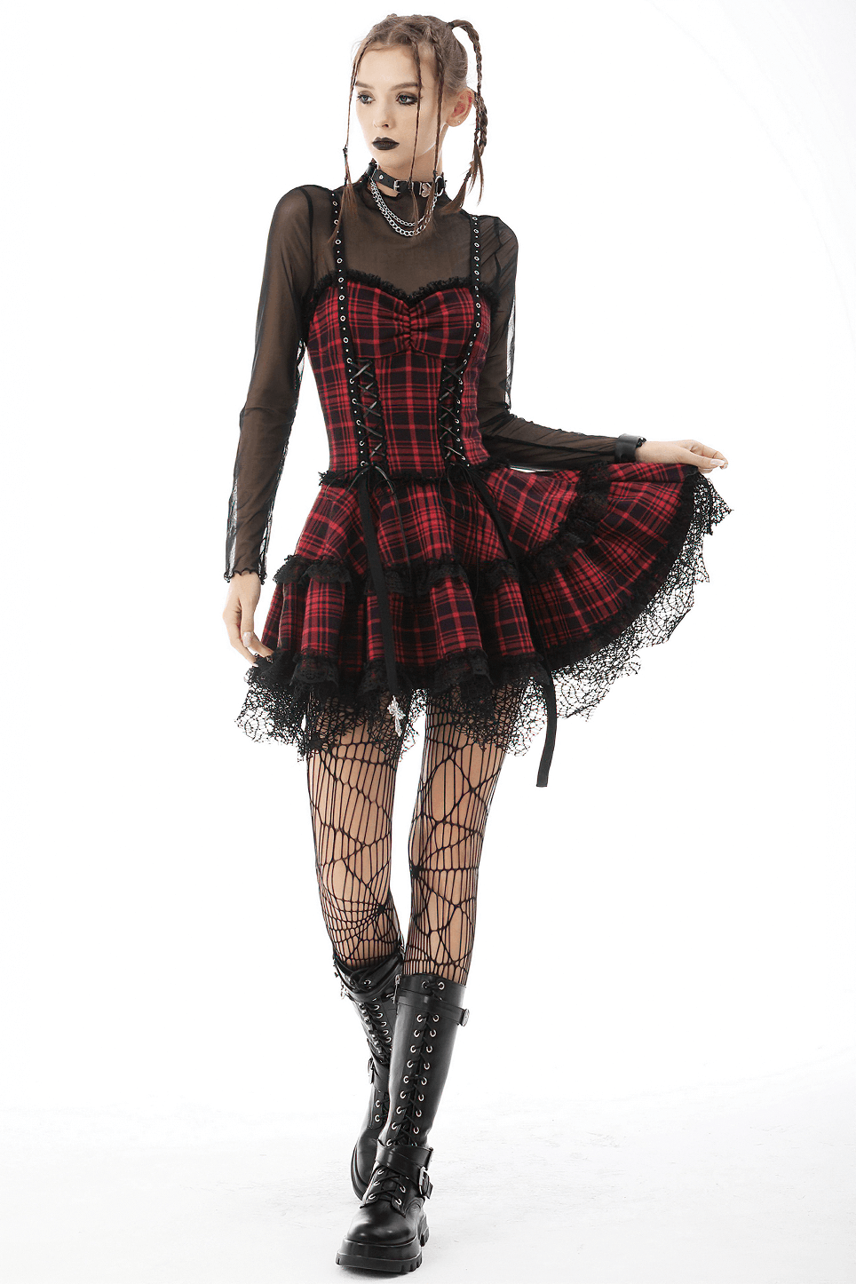 Dark Punk Studded Mini Dress with Black Lace - Goth Emo Grunge