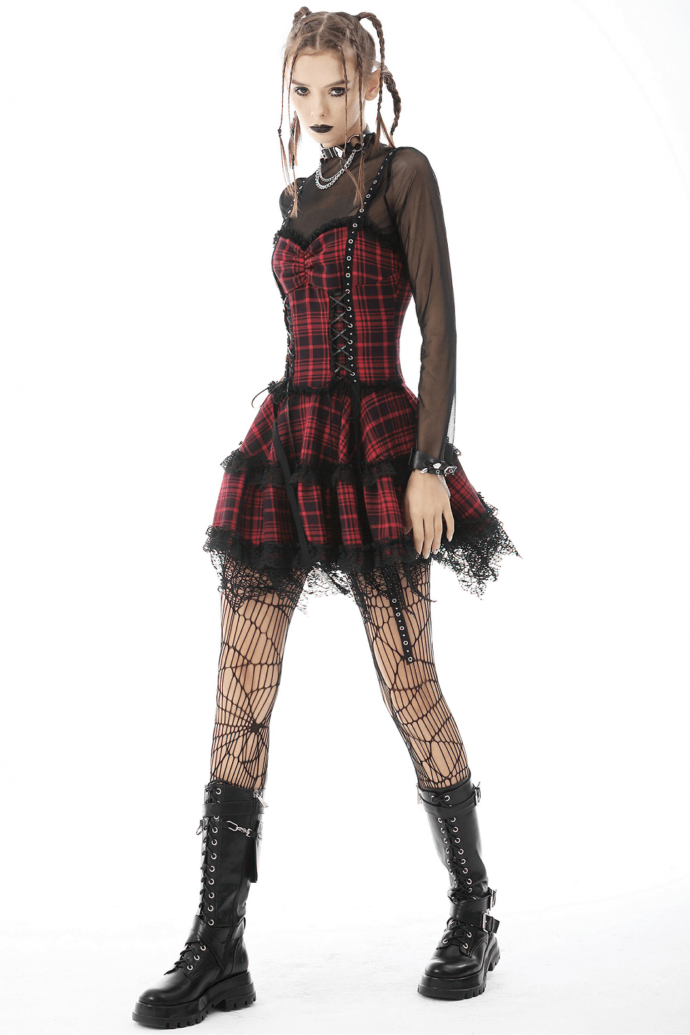 Dark Punk Studded Mini Dress with Black Lace - Goth Emo Grunge