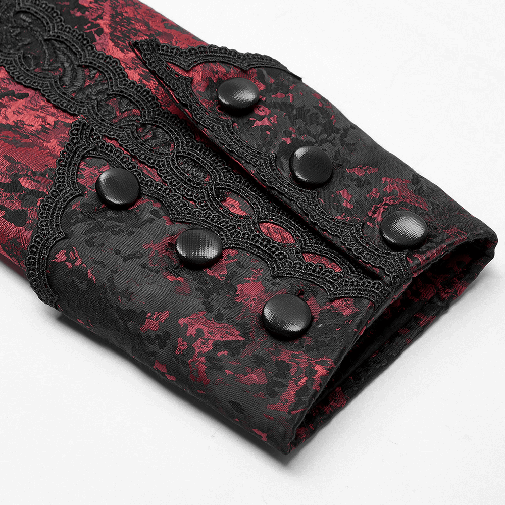 Dark Red Rococo Lace Tuxedo Coat with Ruffle Details