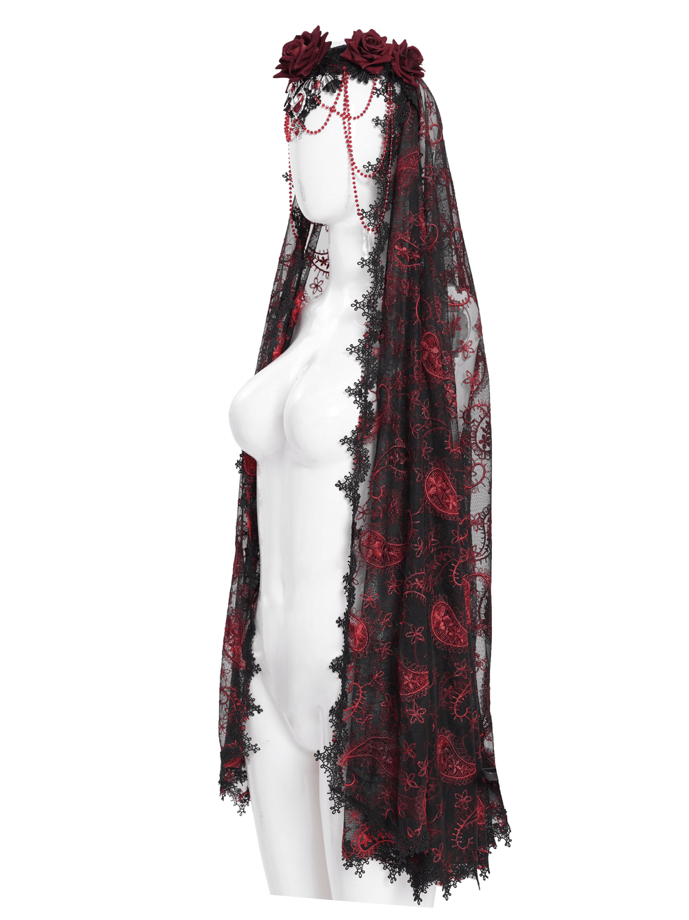 Dark Romantic Embroidered Veil with Skull Pendant and Roses