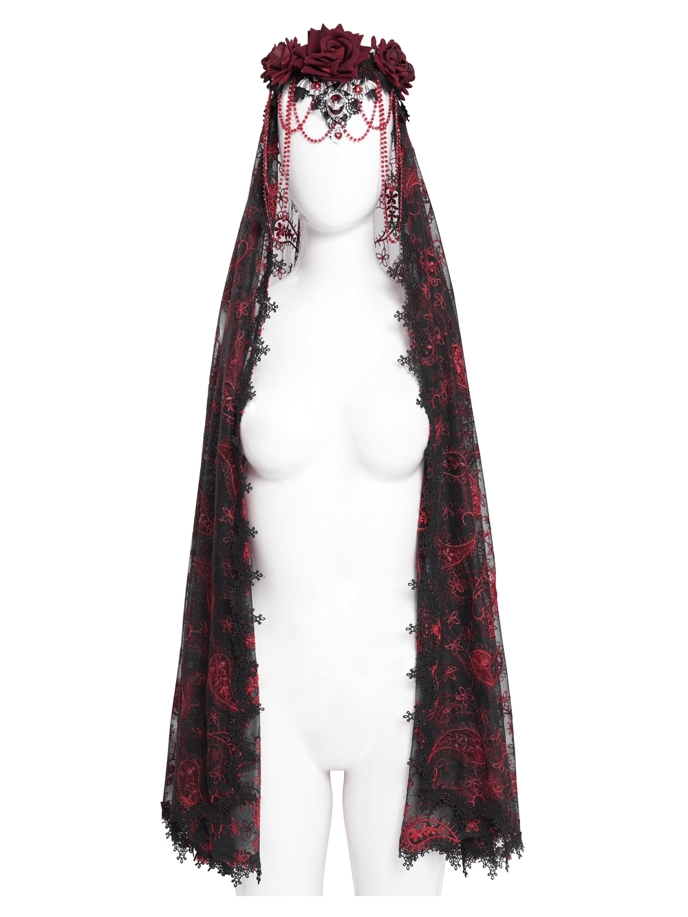 Dark Romantic Embroidered Veil with Skull Pendant and Roses