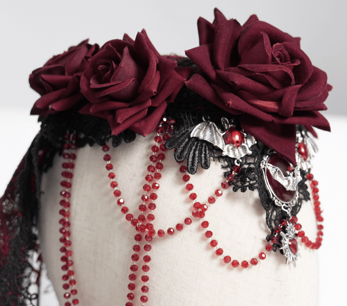 Dark Romantic Embroidered Veil with Skull Pendant and Roses