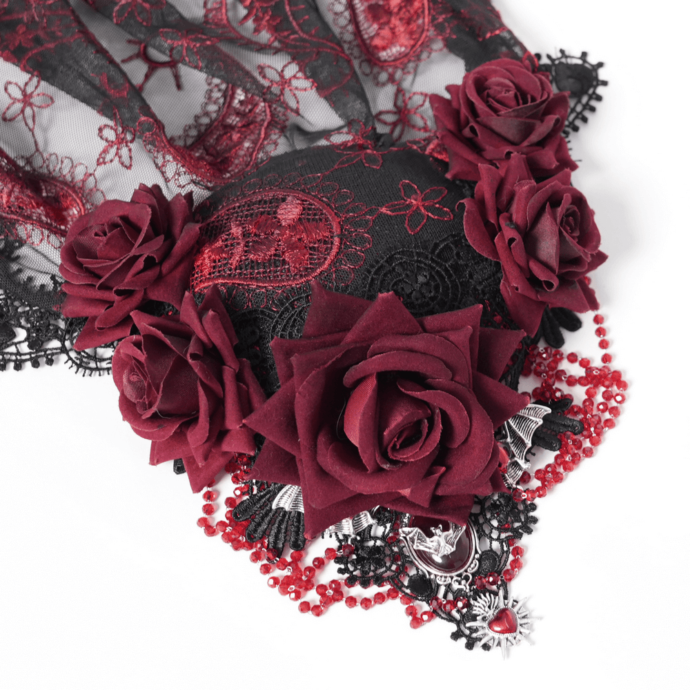 Dark Romantic Embroidered Veil with Skull Pendant and Roses