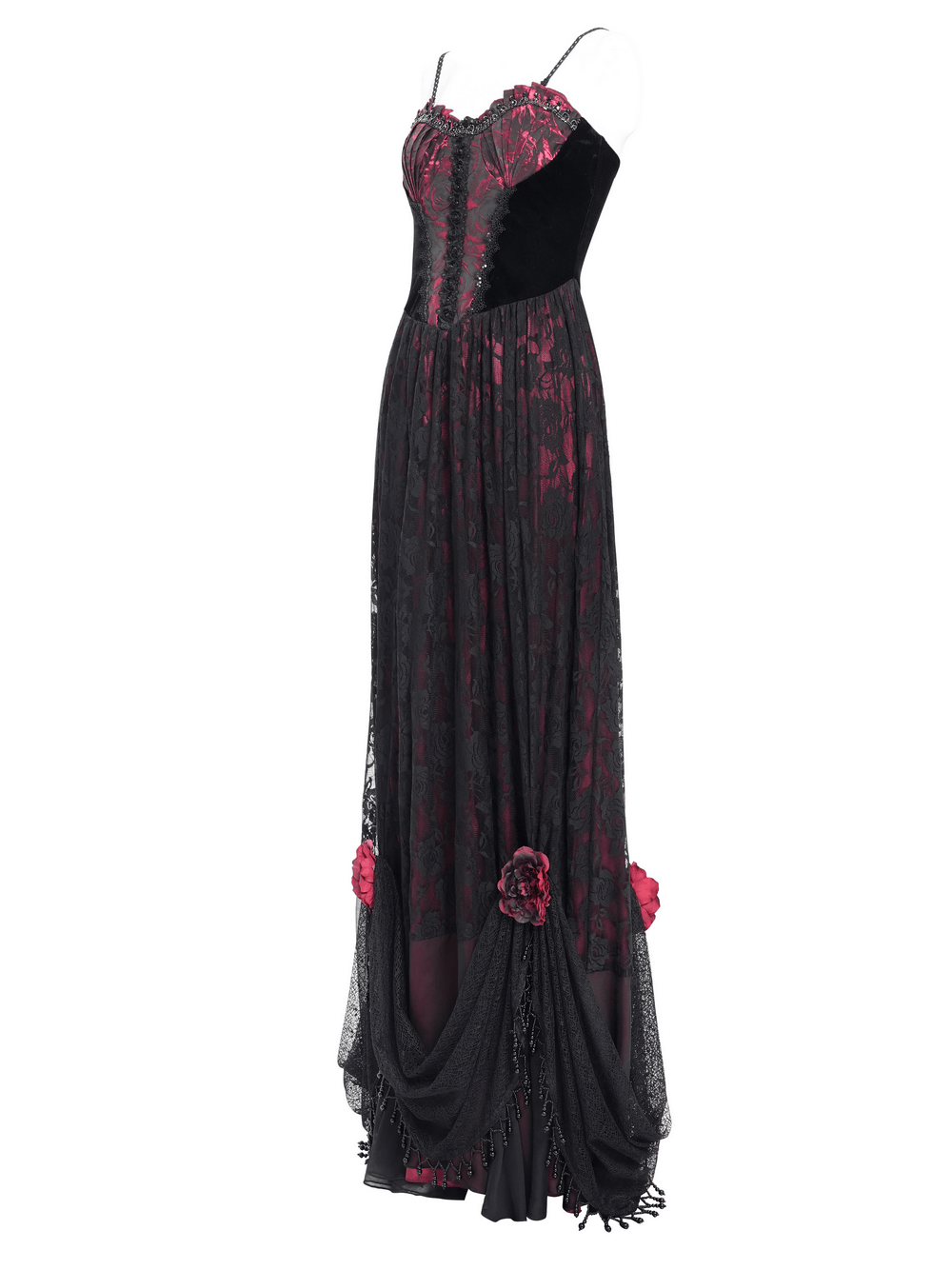 Dark Romantic Gothic Gown with Floral Lace and Corset Back