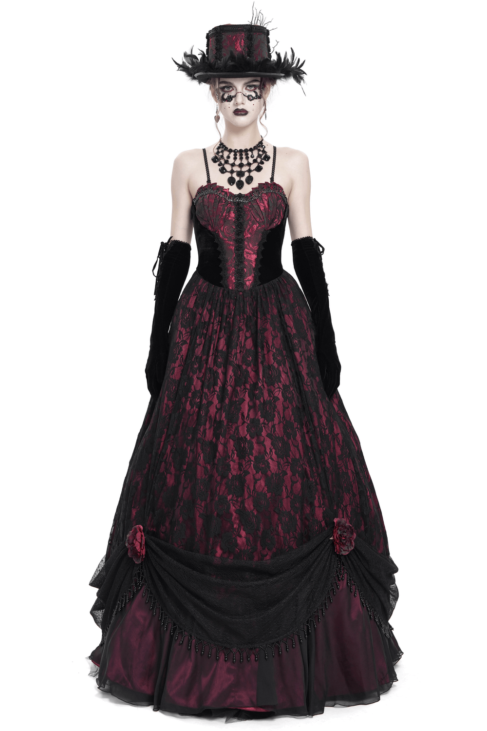 Dark Romantic Gothic Gown with Floral Lace and Corset Back