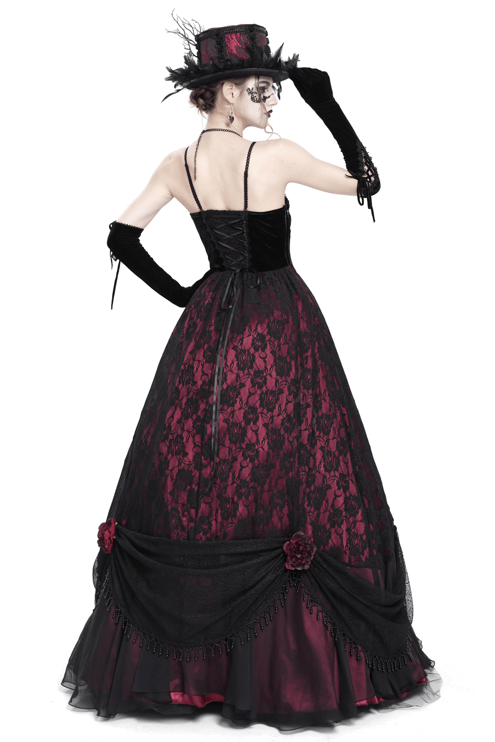 Dark Romantic Gothic Gown with Floral Lace and Corset Back