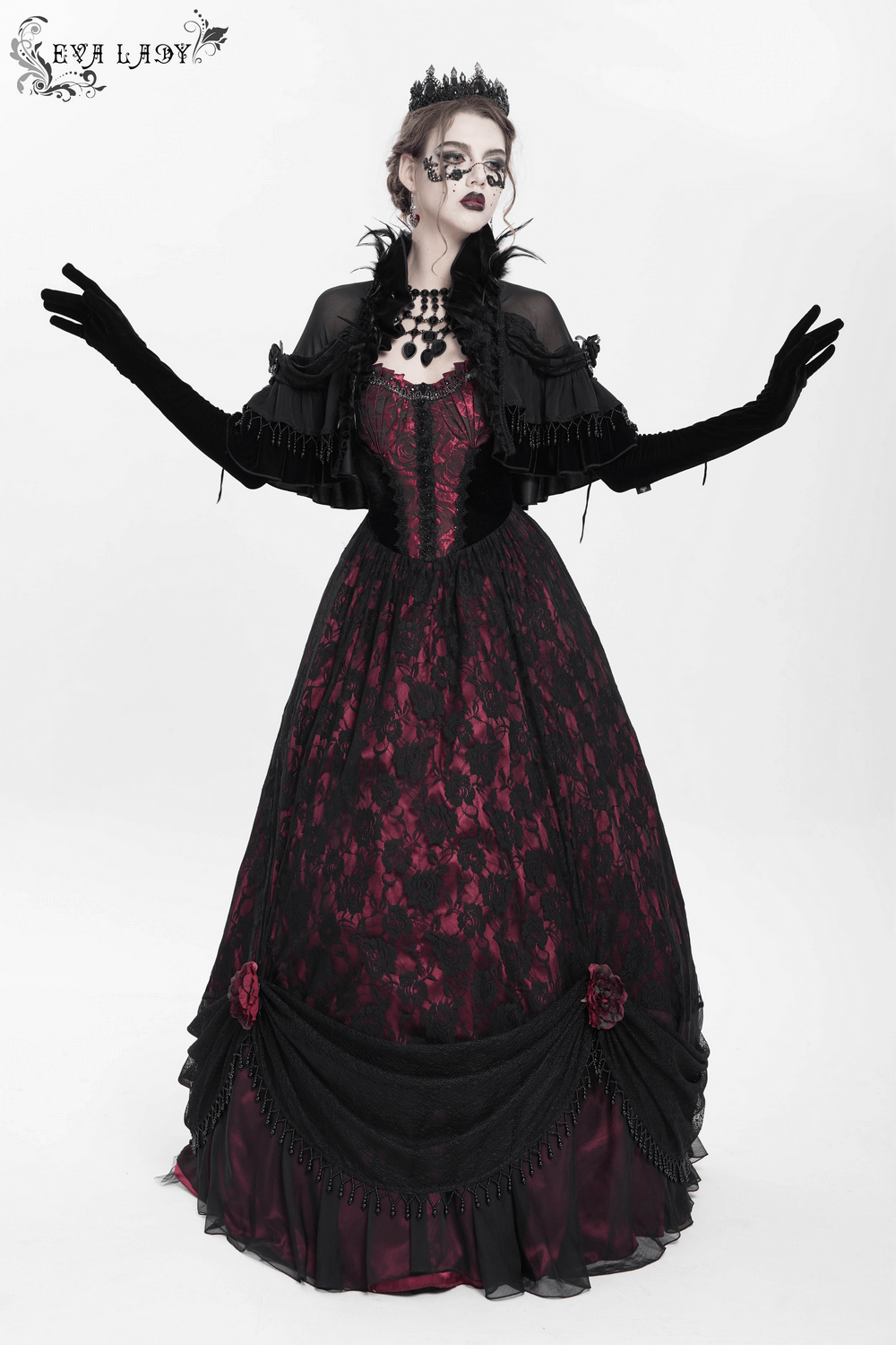 Dark Romantic Gothic Gown with Floral Lace and Corset Back
