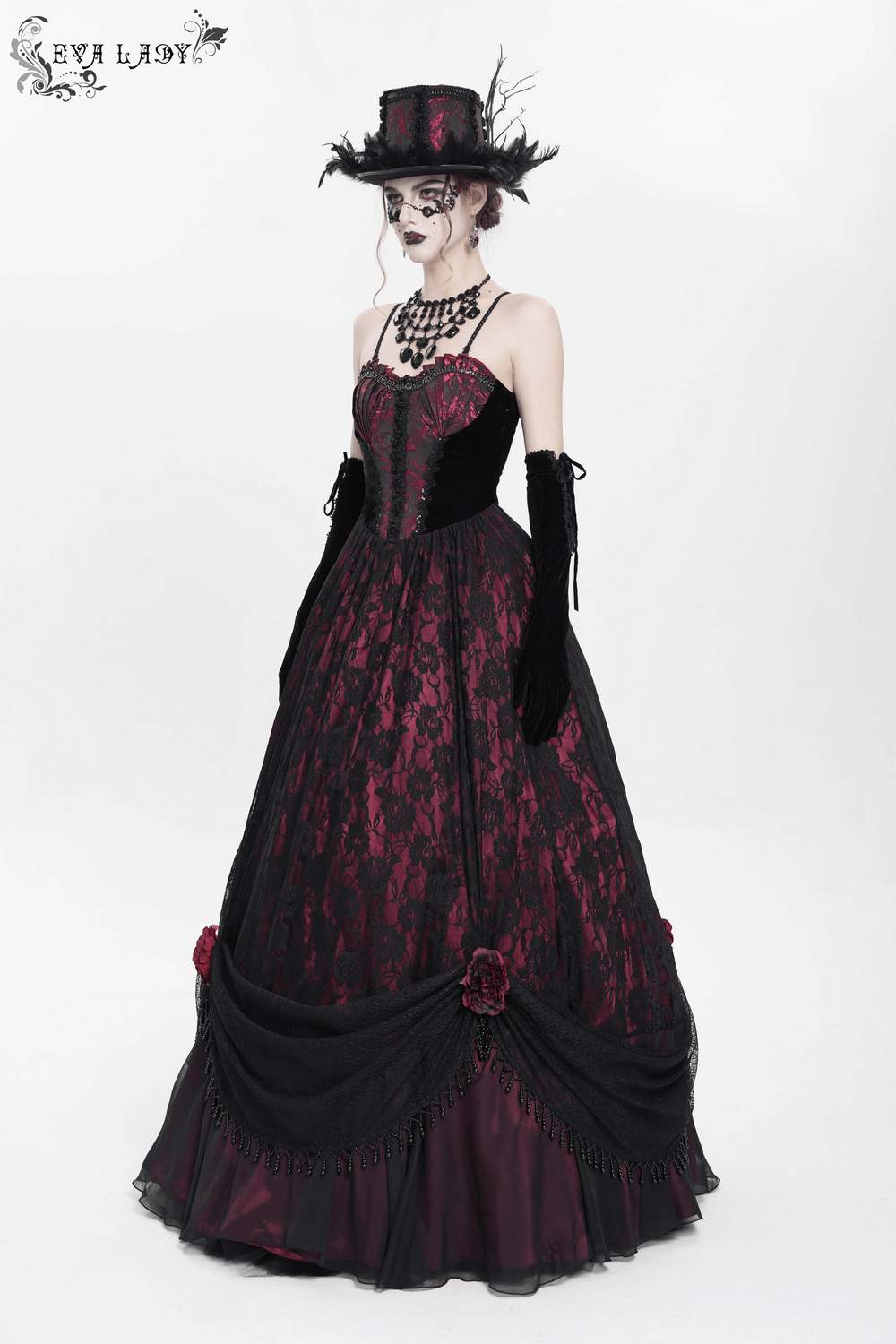Dark Romantic Gothic Gown with Floral Lace and Corset Back