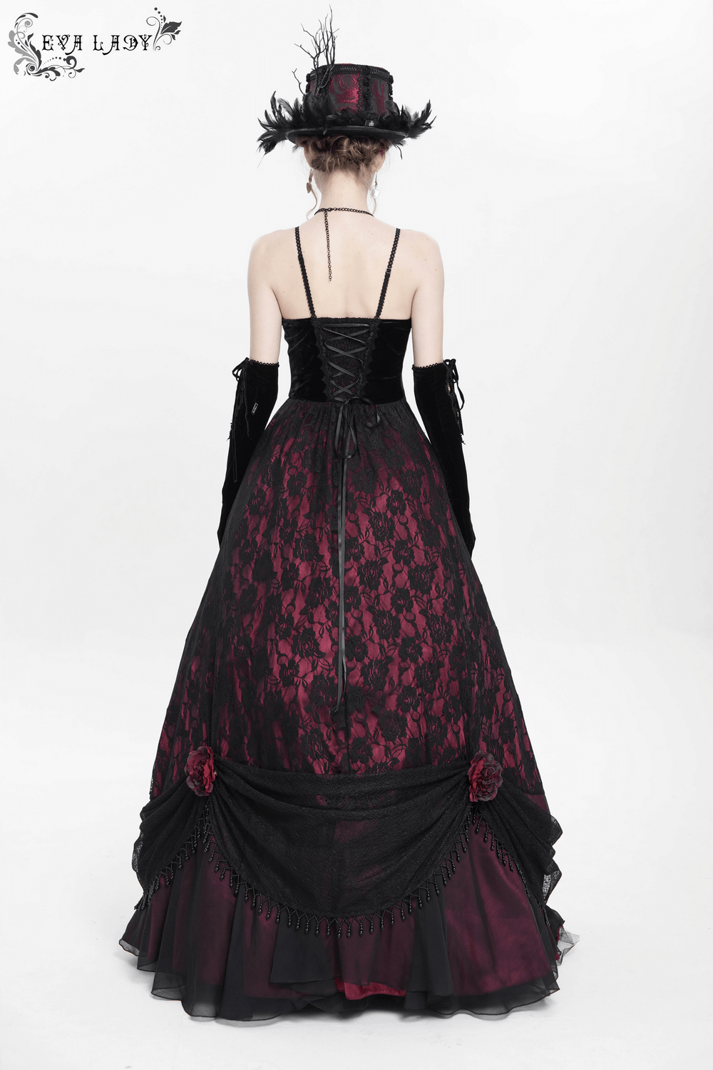 Dark Romantic Gothic Gown with Floral Lace and Corset Back