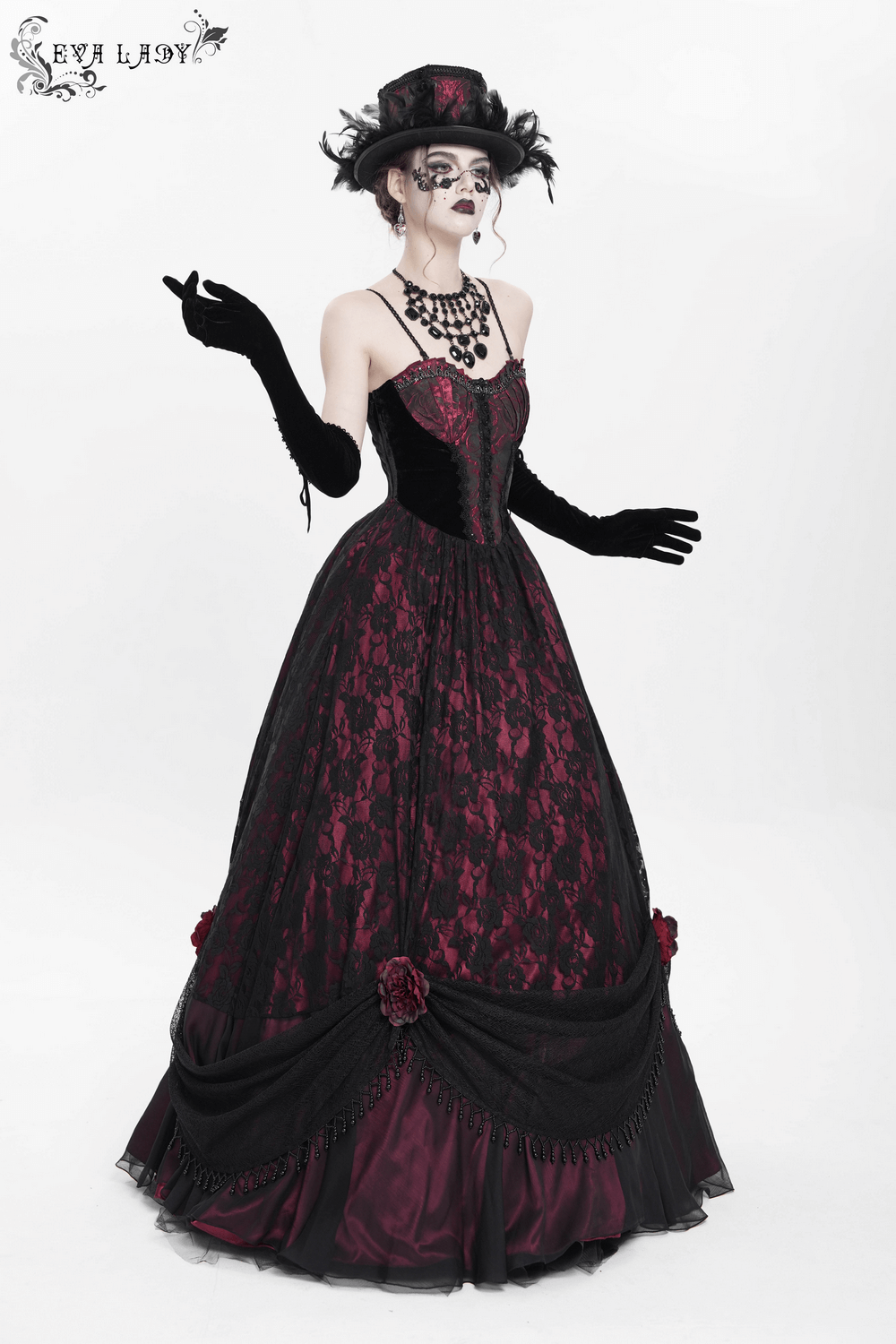 Dark Romantic Gothic Gown with Floral Lace and Corset Back