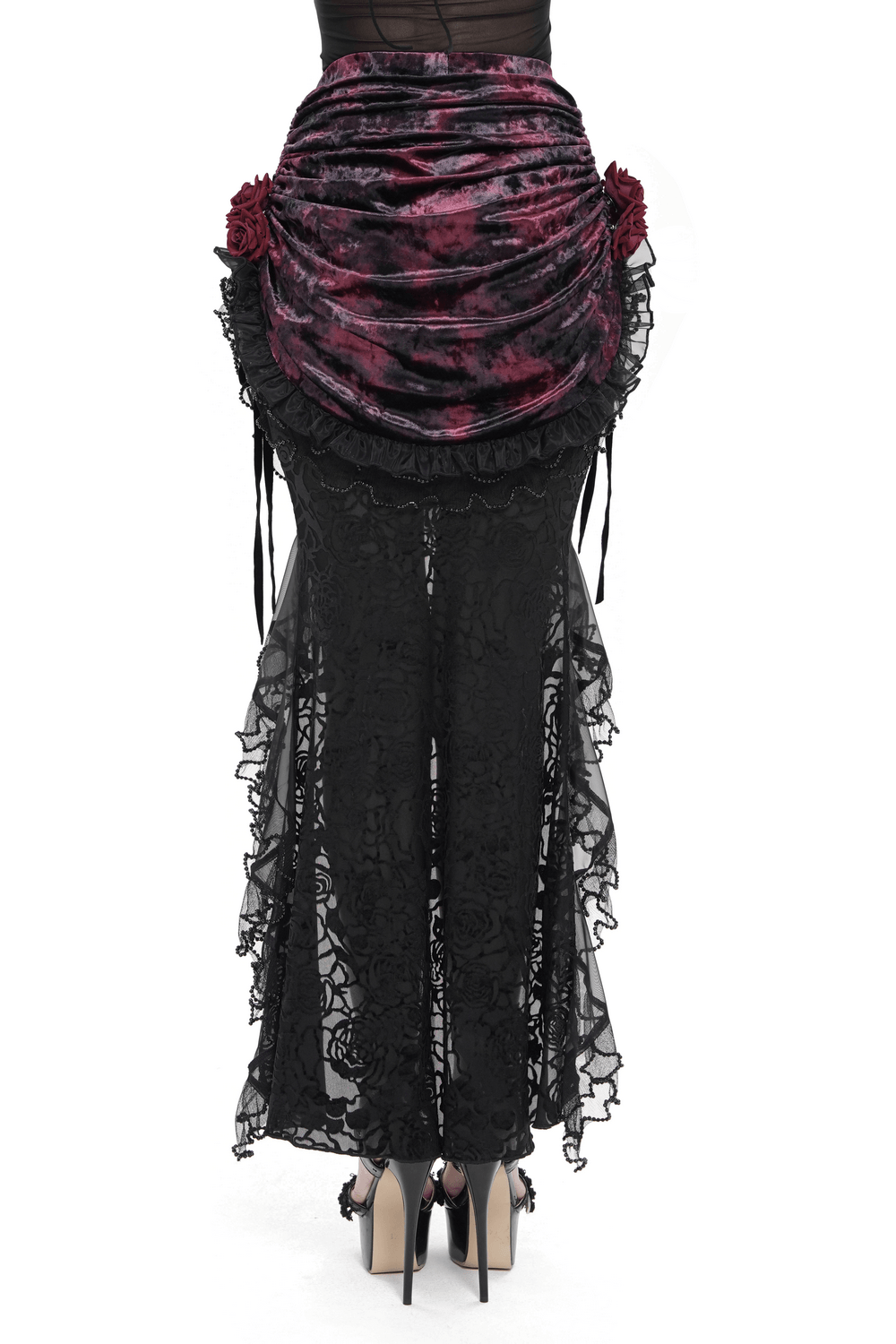 Dark Romantic Lace Maxi Skirt with Corset Waist and Ruffles