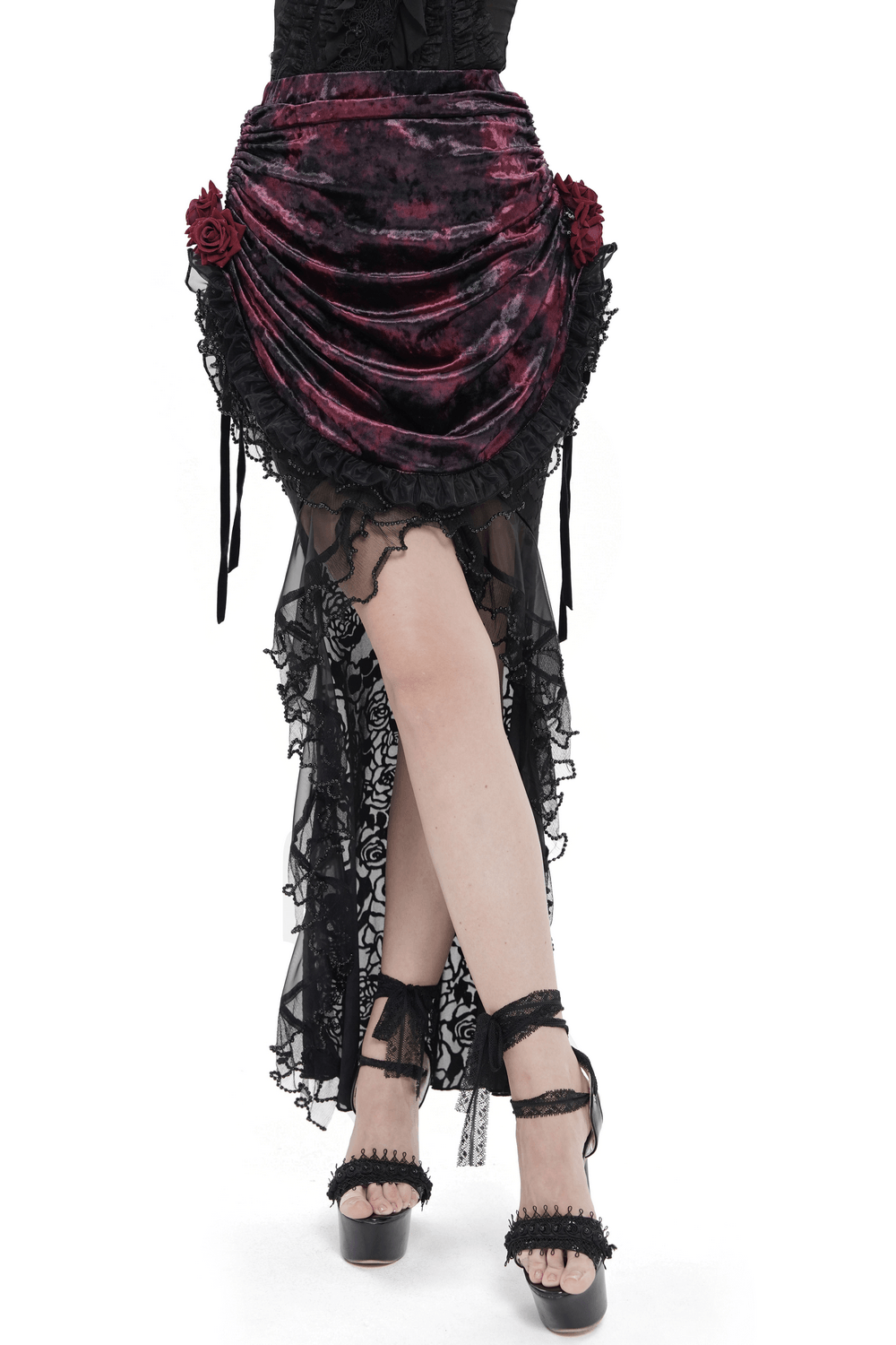 Dark Romantic Lace Maxi Skirt with Corset Waist and Ruffles