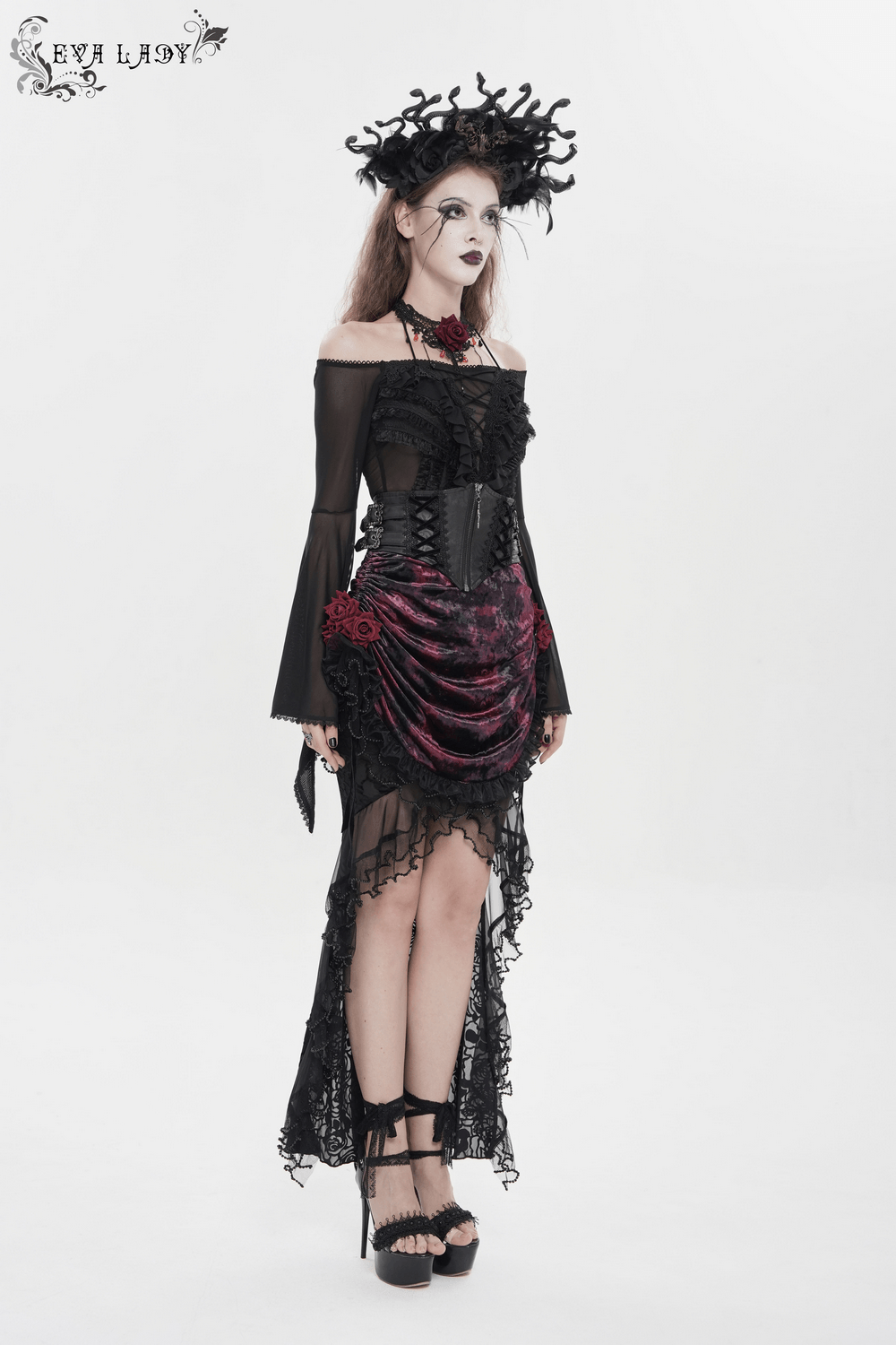 Dark Romantic Lace Maxi Skirt with Corset Waist and Ruffles