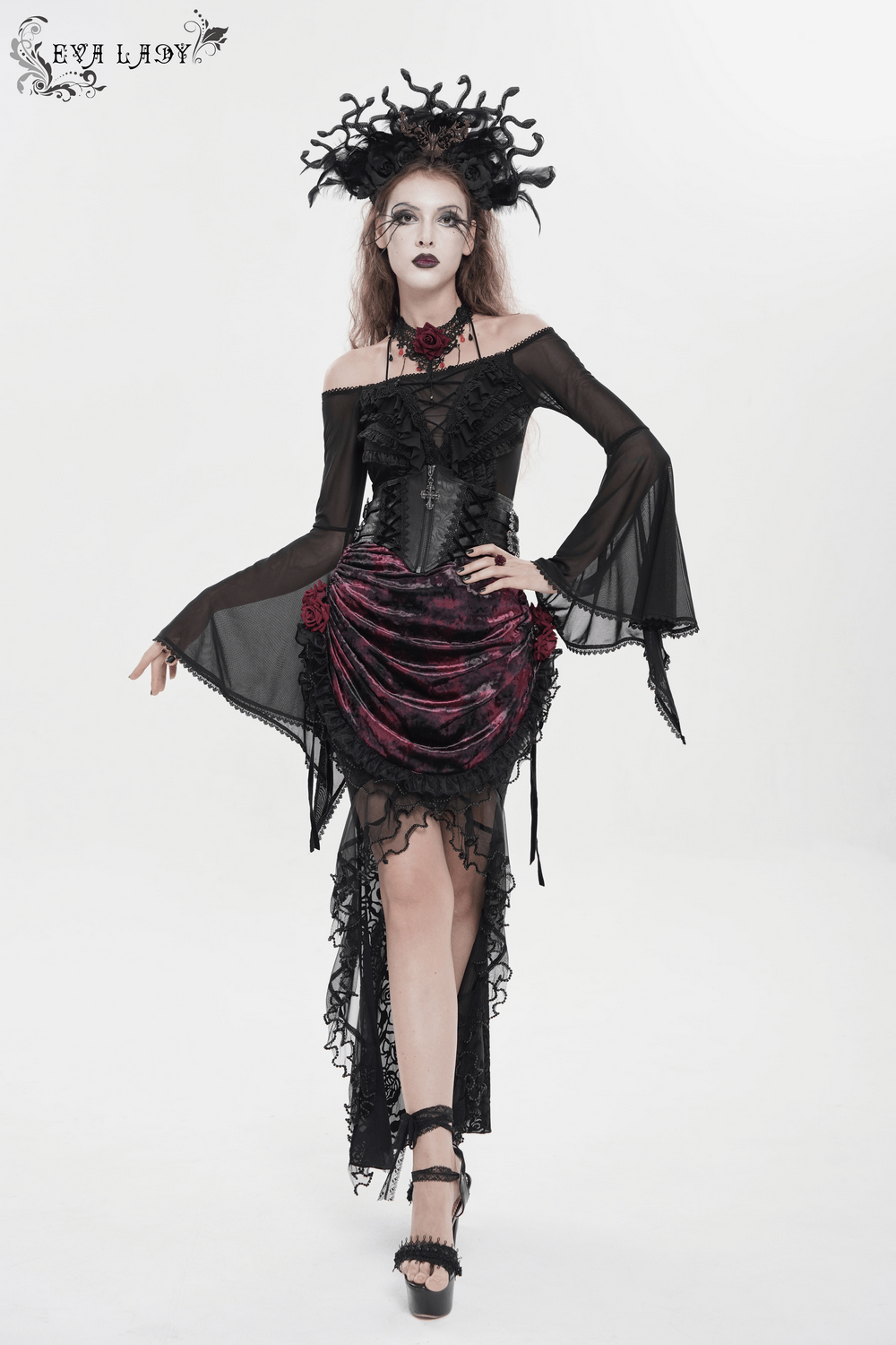 Dark Romantic Lace Maxi Skirt with Corset Waist and Ruffles