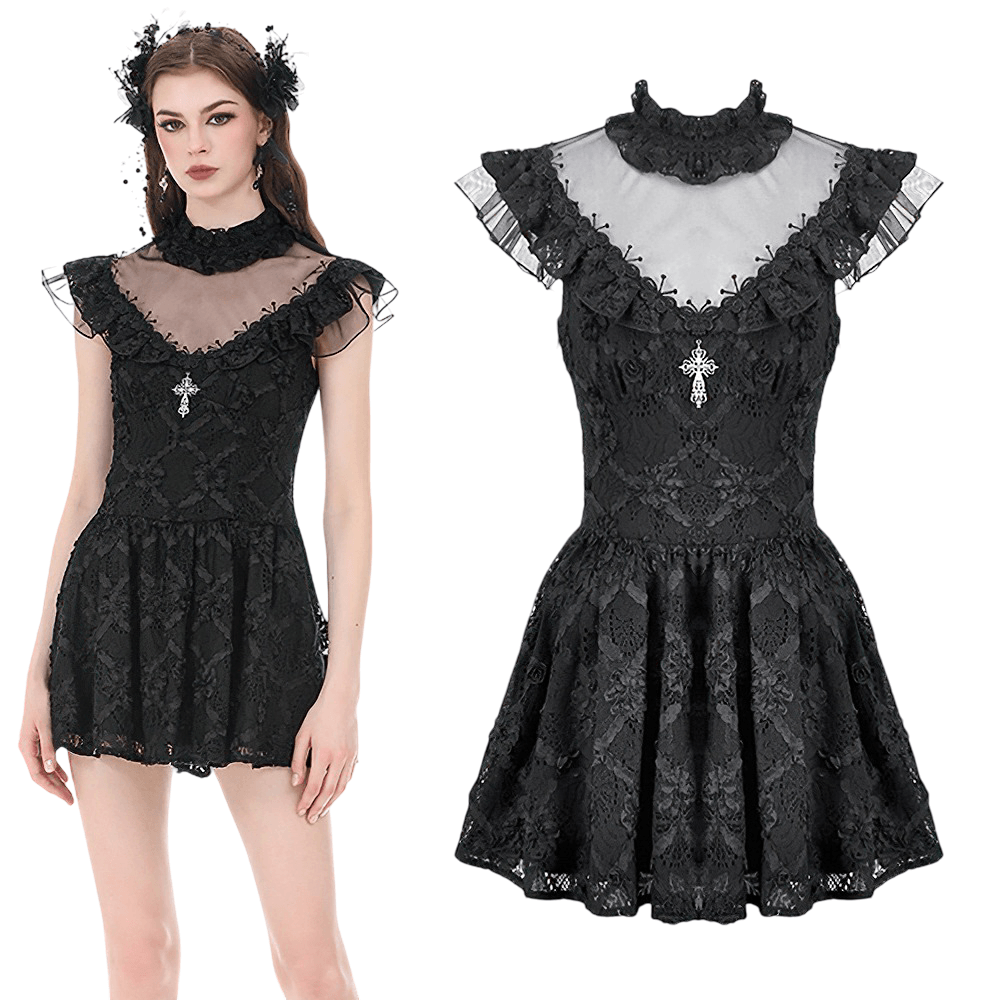 Dark Romantic Lace Mini Dress with Corset Waist and Cross