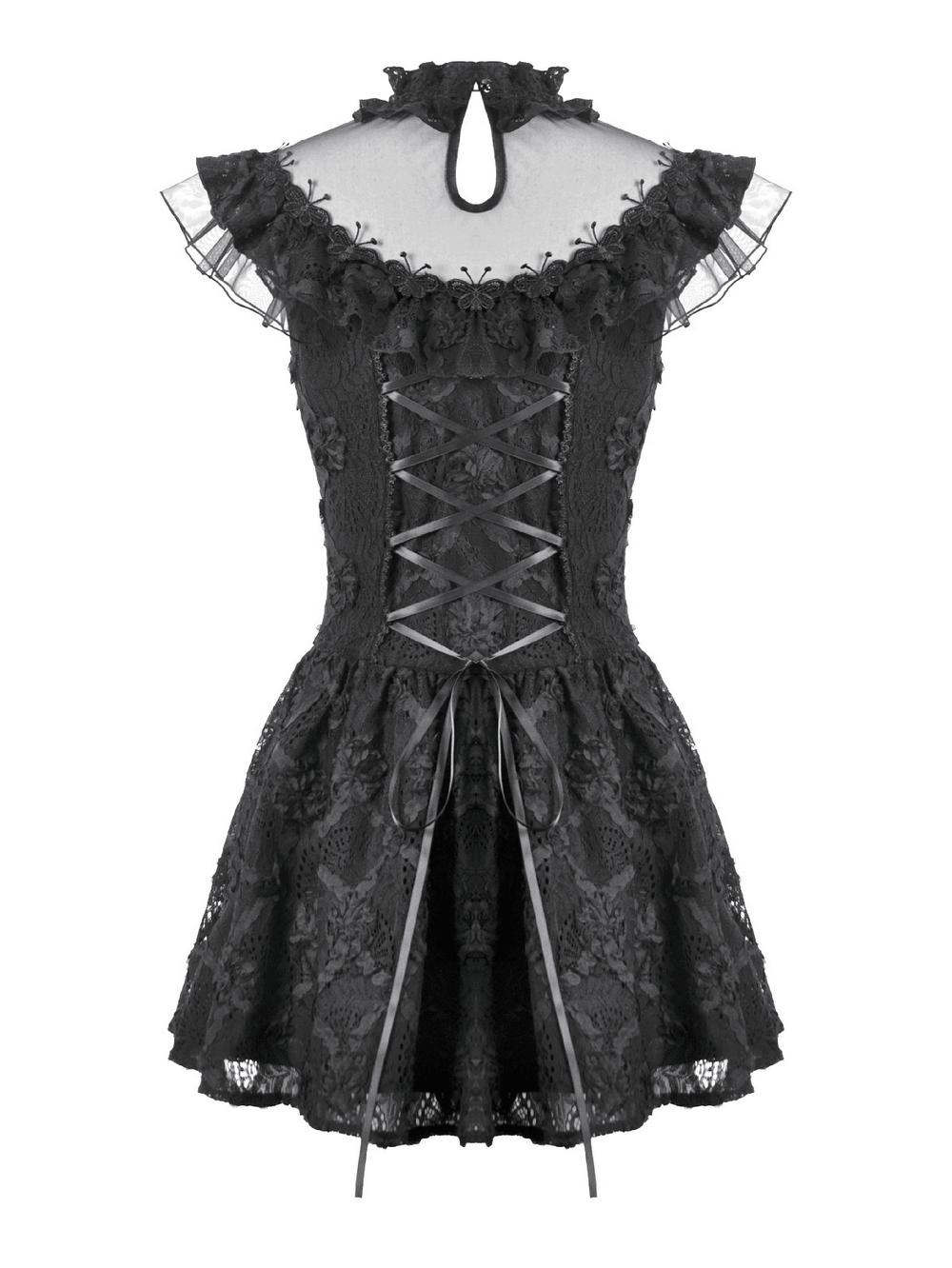 Dark Romantic Lace Mini Dress with Corset Waist and Cross