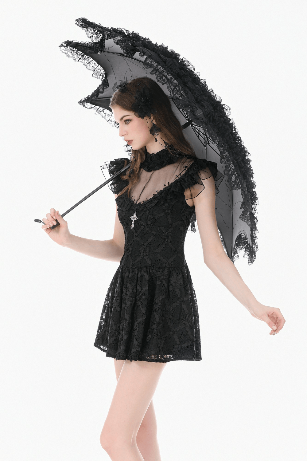 Dark Romantic Lace Mini Dress with Corset Waist and Cross