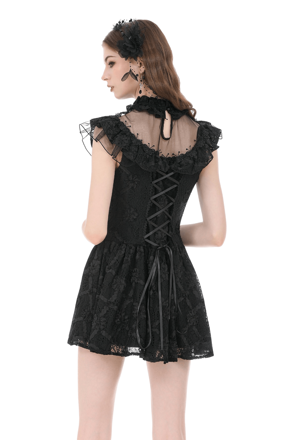 Dark Romantic Lace Mini Dress with Corset Waist and Cross
