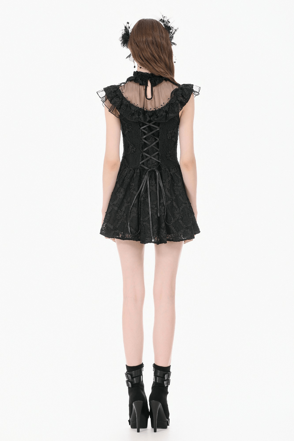 Dark Romantic Lace Mini Dress with Corset Waist and Cross