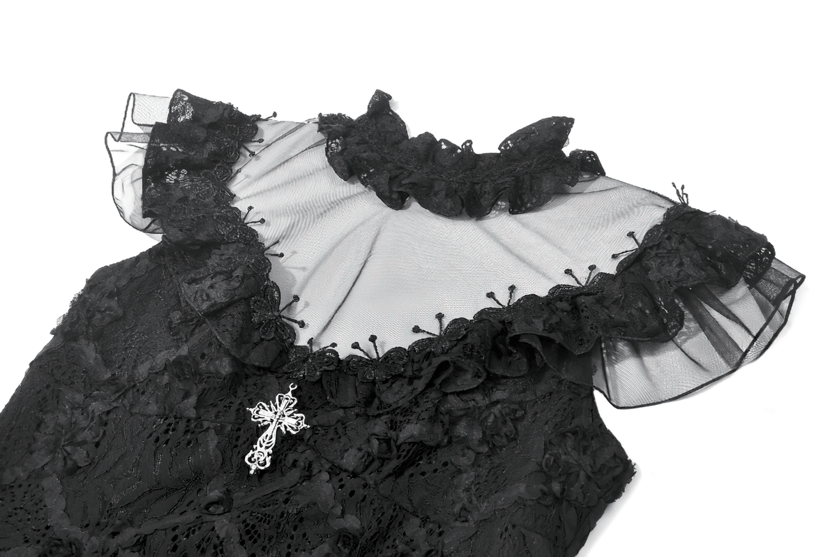 Dark Romantic Lace Mini Dress with Corset Waist and Cross